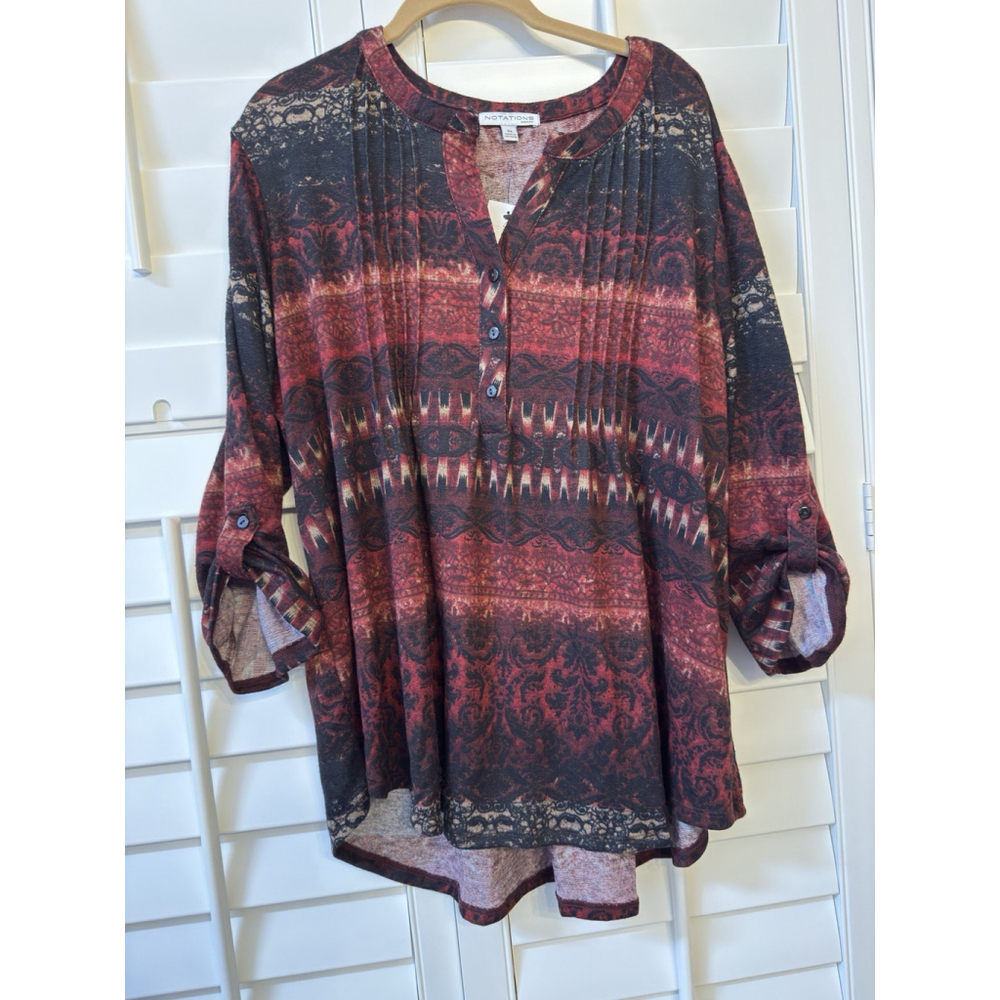 New Womens Notation Blouse Red Pleated 3/4 Sleeve 3X Aztec Southwestern